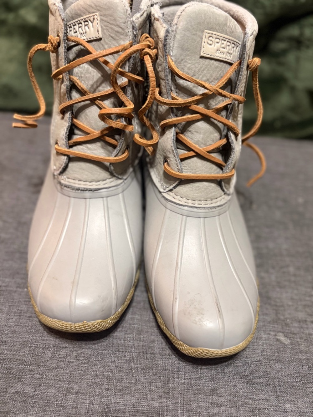 Sperry Light Gray Duck Boots with Tan Laces